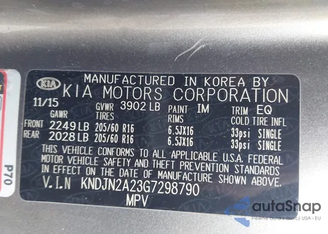 2016 Kia Soul из США, поврежденный, VIN KNDJN2A23G7298790